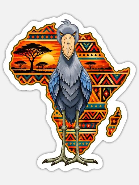 Schuhschnabel gegen einen farbenfrohen afrikanischen Kontinent - Sticker Größe S (10 x 10 cm) - Mattweiß