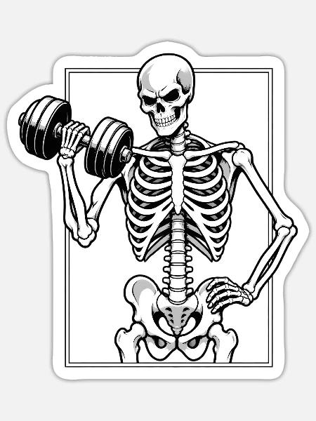 Skelett beim Hanteltraining - Sticker Größe S (10 x 10 cm) - Mattweiß