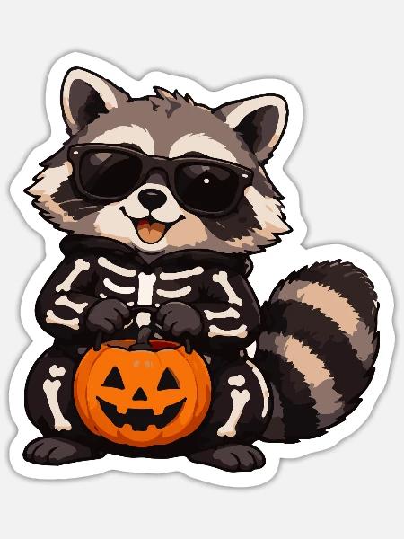 Skelett-Raccoon mit Kürbis - Sticker Größe S (10 x 10 cm) - Mattweiß