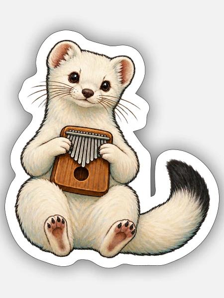 Hermelin spielt Kalimba - Sticker Größe S (10 x 10 cm) - Mattweiß
