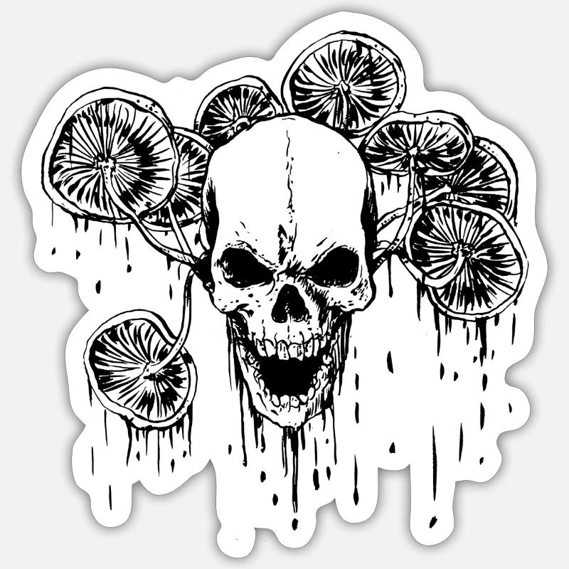 Crâne et champignons - Sticker taille S (10 x 10 cm) - blanc mat