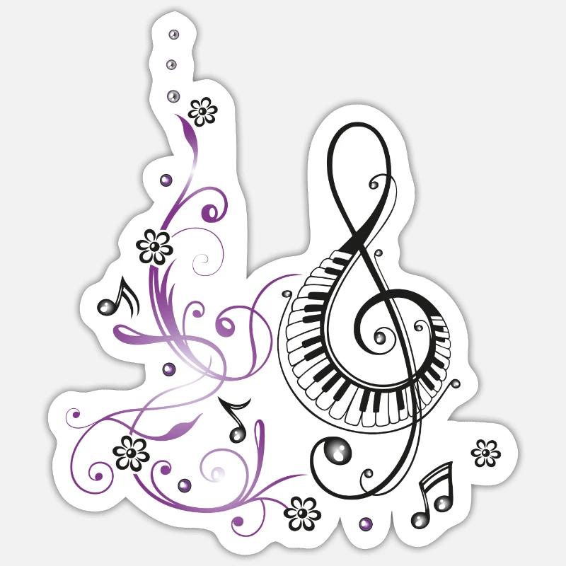 Clef avec piano, fleurs et notes de musique. - Sticker taille S (10 x 10 cm) - blanc mat