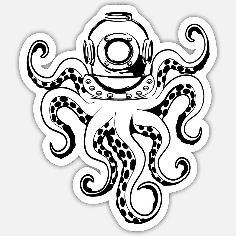 Poulpe avec casque de plongée - Sticker taille S (10 x 10 cm) - blanc mat
