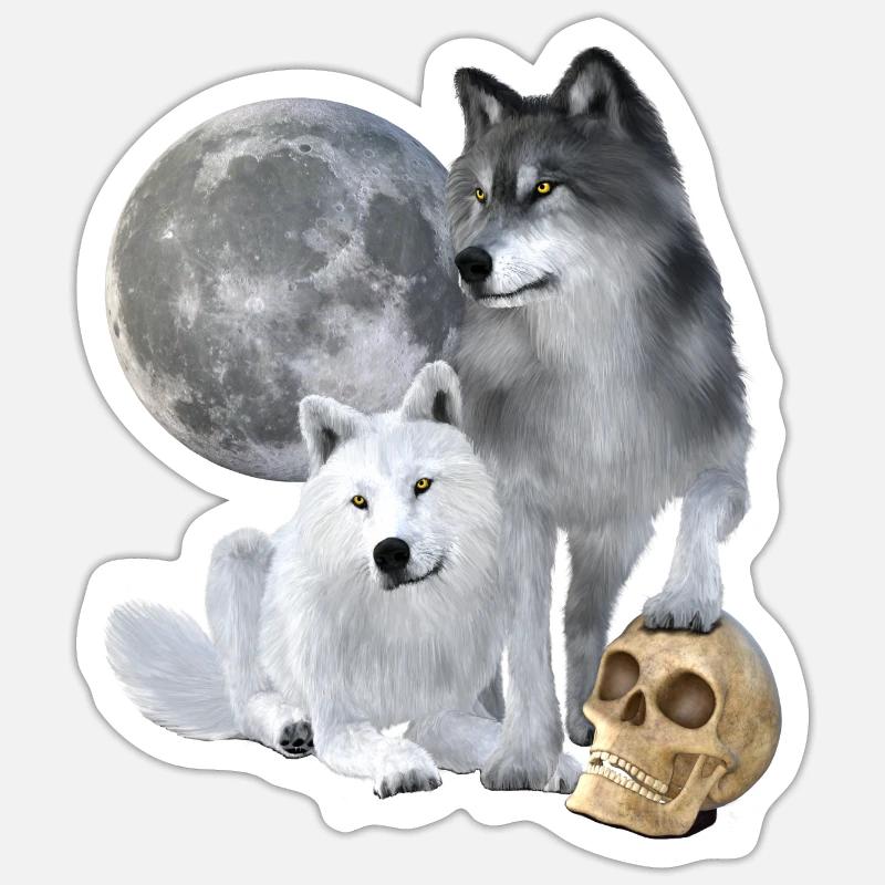 Loups, blancs, gris, lune, crâne Sticker taille S (10 x 10 cm)