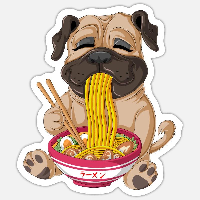 Mops isst Ramen Sticker Größe S (10 x 10 cm)