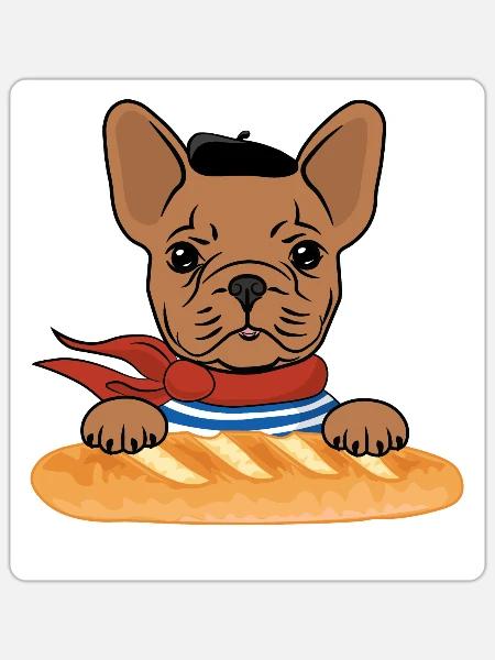Lustige französische Bulldogge mit Baguette - Sticker Größe S (10 x 10 cm) - Mattweiß