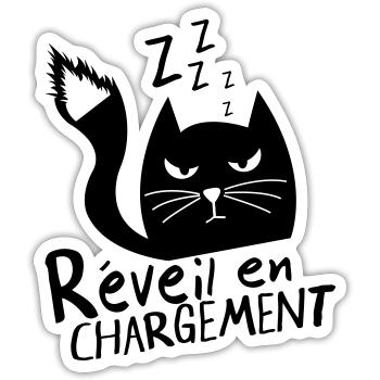 Chat grognon, réveil en chargement ! humour - Sticker taille S (10 x 10 cm) - blanc mat - Devant