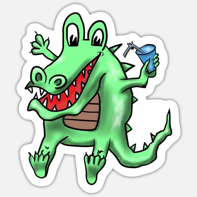 Crocodile avec boisson - Sticker taille S (10 x 10 cm) - blanc mat