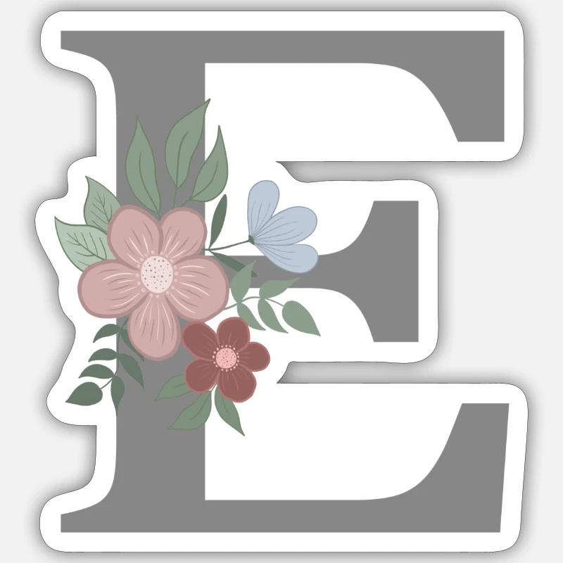 Letter E with flower grey - Sticker size S (10 x 10 cm) - white matte