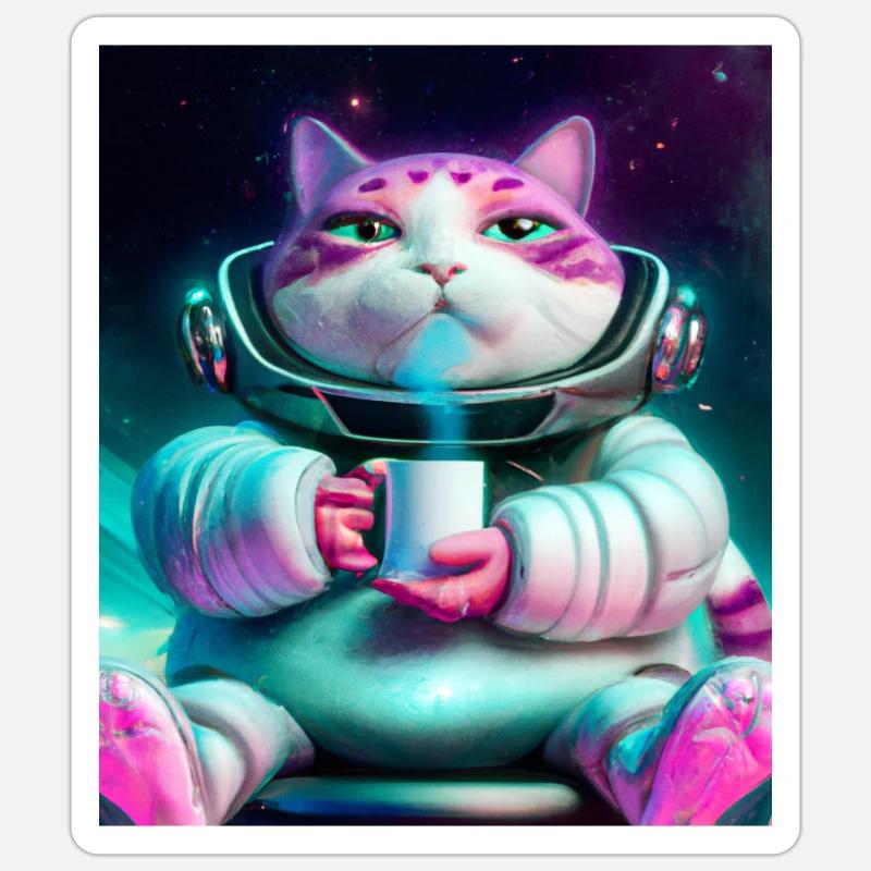 Big cat drinks tea in space Sticker size S (10 x 10 cm)