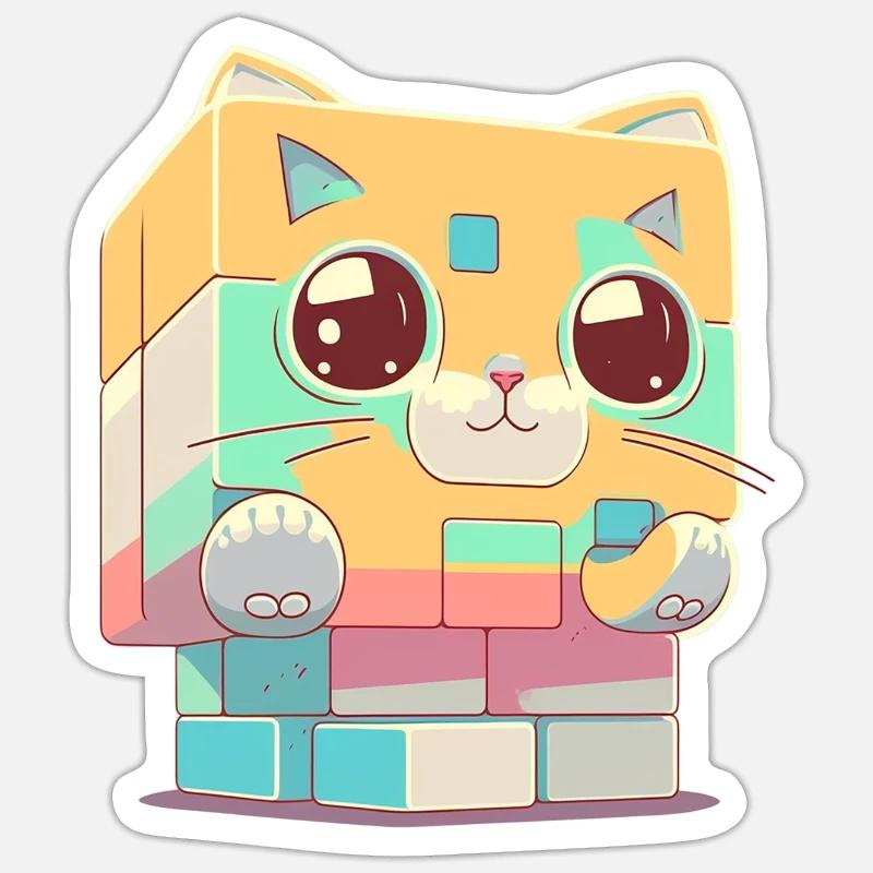 Chat kawaii en cube - Sticker taille S (10 x 10 cm) - blanc mat