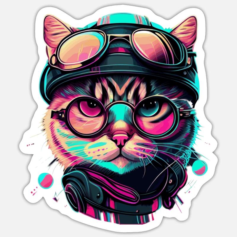 Racing driver cat in rainbow look as cool vector - Sticker size S (10 x 10 cm) - white matte