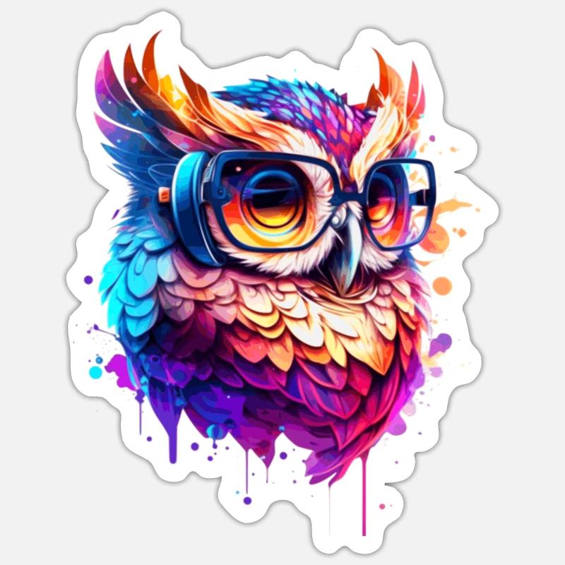 Party Eule als Vogel in bunt als cooles Artwork - Sticker Größe S (10 x 10 cm) - Mattweiß
