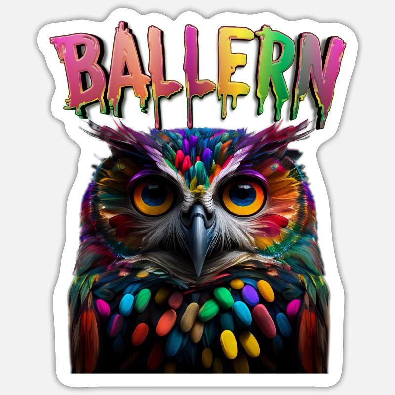 Lustige Techno Eule - Regenbogen Drogen - Sticker Größe S (10 x 10 cm) - Mattweiß