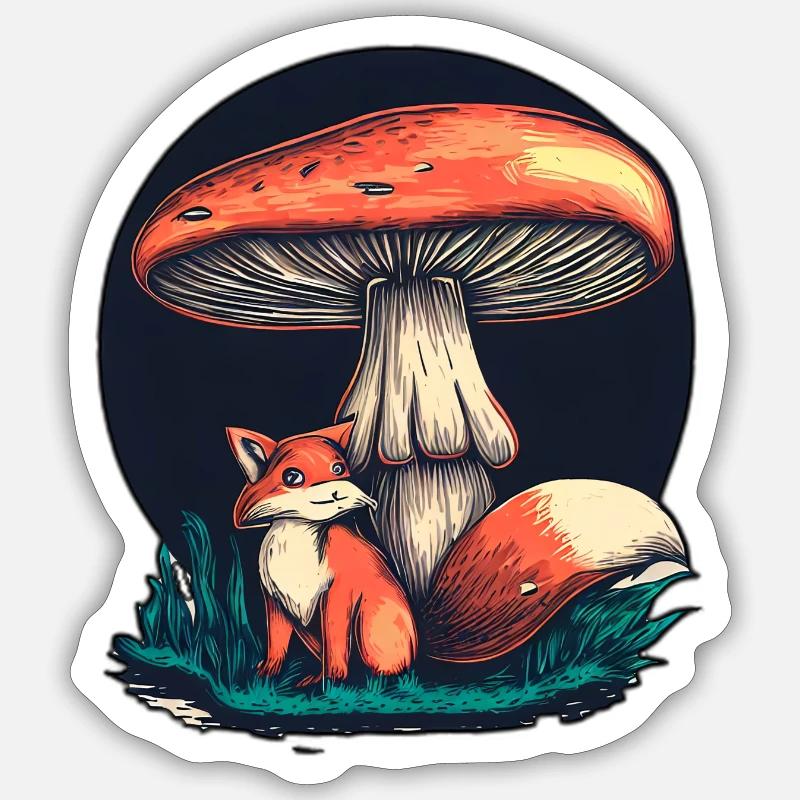CHAMPIGNON ET RENARD - Sticker taille S (10 x 10 cm) - blanc mat