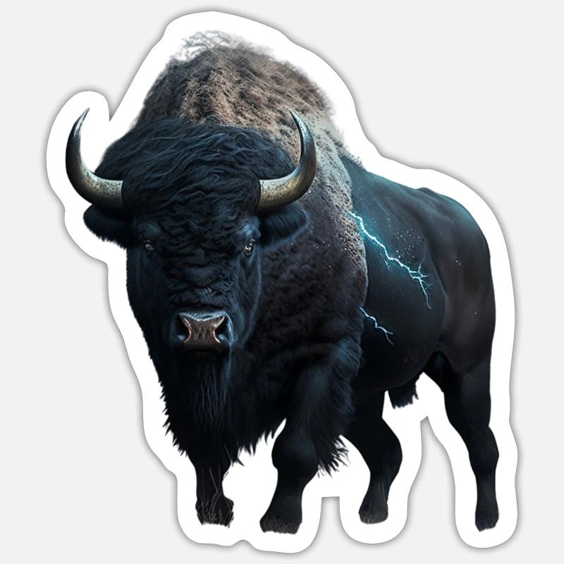 Bison schwarz Büffel mit Blitzen und Donner stark - Sticker Größe S (10 x 10 cm) - Mattweiß