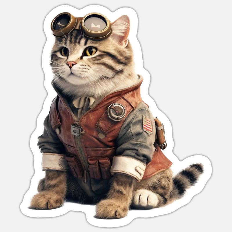 Katze Retro Pilot - Sticker Größe S (10 x 10 cm) - Mattweiß
