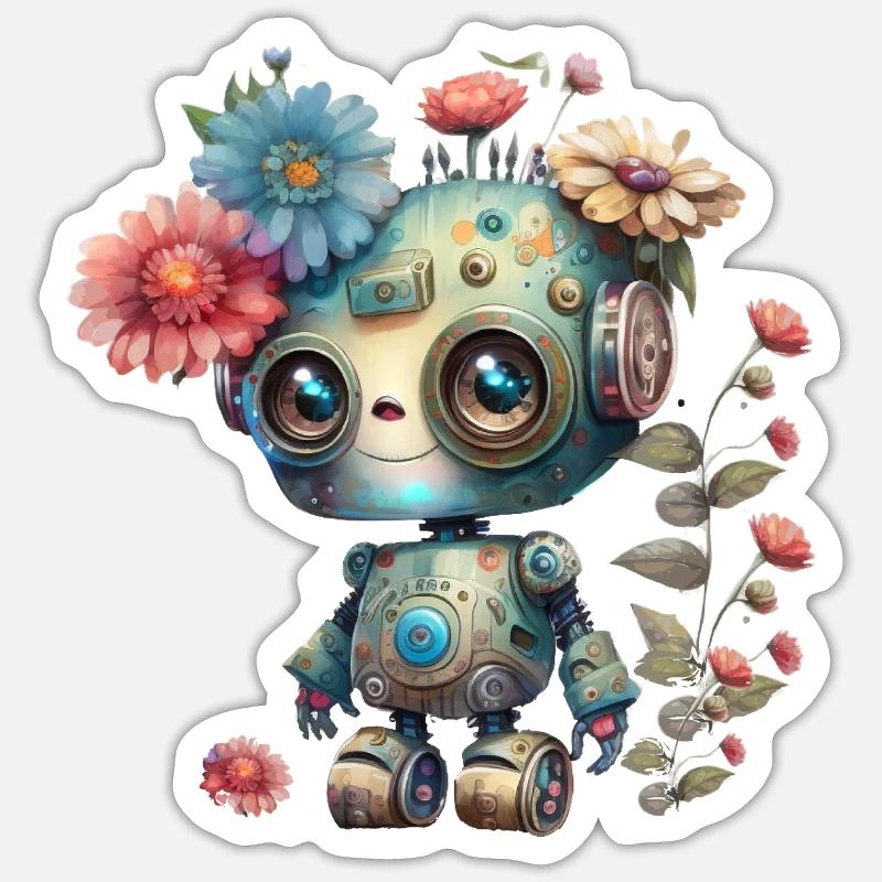 Petit robot avec des fleurs Sticker taille S (10 x 10 cm)