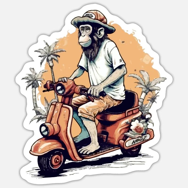 Billy le singe au scooter - Sticker taille S (10 x 10 cm) - blanc mat