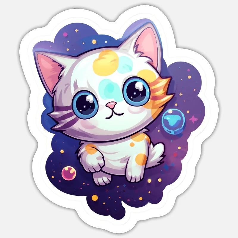 Mignon chat de dessin animé flottant dans l’espace Sticker taille S (10 x 10 cm)