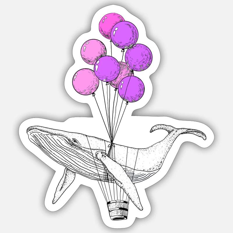 BALEINE SUR BALLONS - Sticker taille S (10 x 10 cm) - blanc mat