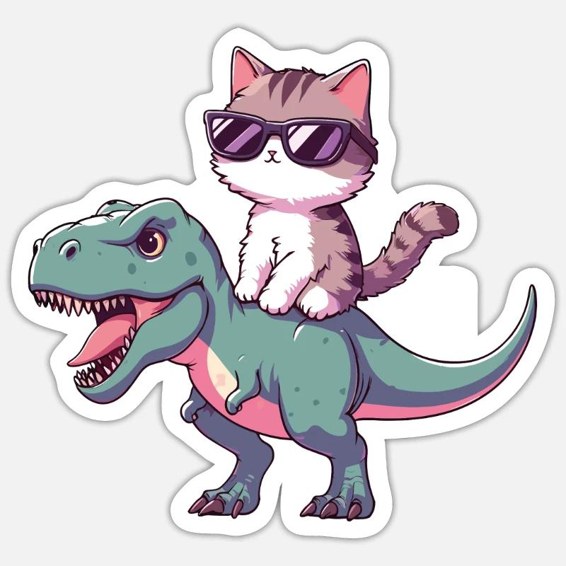 Chaton Cool sur T-Rex Drôle Tendance Dinosaure Sticker taille S (10 x 10 cm)