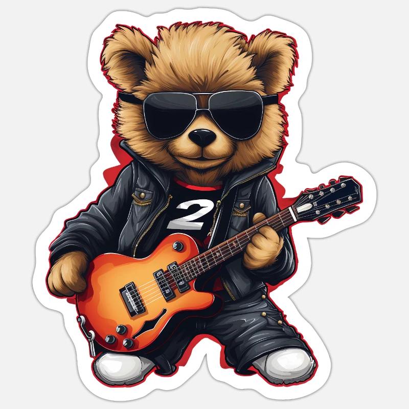 Teddy - Rocker avec guitare électrique 2 - Sticker taille S (10 x 10 cm) - blanc mat