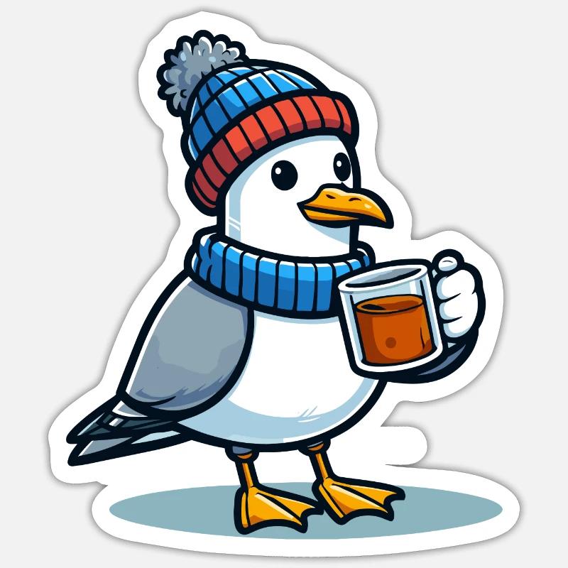 Nordsee Möwe Mütze Beanie trinkt Tee oder Kaffee Sticker Größe S (10 x 10 cm)