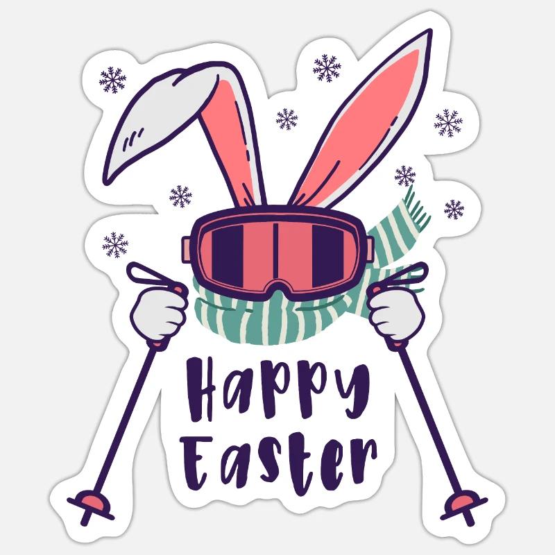 Joyeuses Pâques de Skiing Rabbit avec bâtons de ski Sticker taille S (10 x 10 cm)