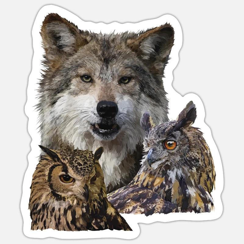 Wolf und Eulen Sticker Größe S (10 x 10 cm)