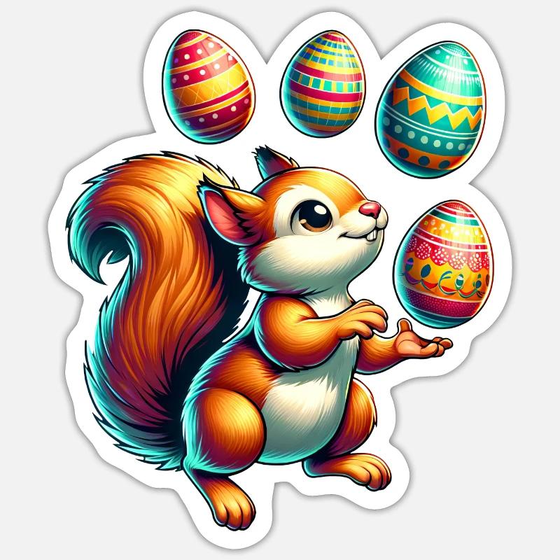 Süßes Eichhörnchen Jongliert Ostereier Comic Sticker Größe S (10 x 10 cm)