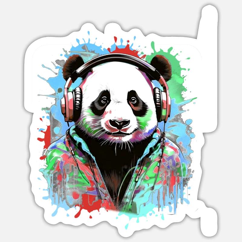 Panda, Kopfhörer,panda mit kopfhörer, illustration - Sticker Größe S (10 x 10 cm) - Mattweiß