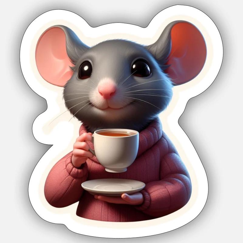 Maus mit Teetasse in der Hand Sticker Größe S (10 x 10 cm)