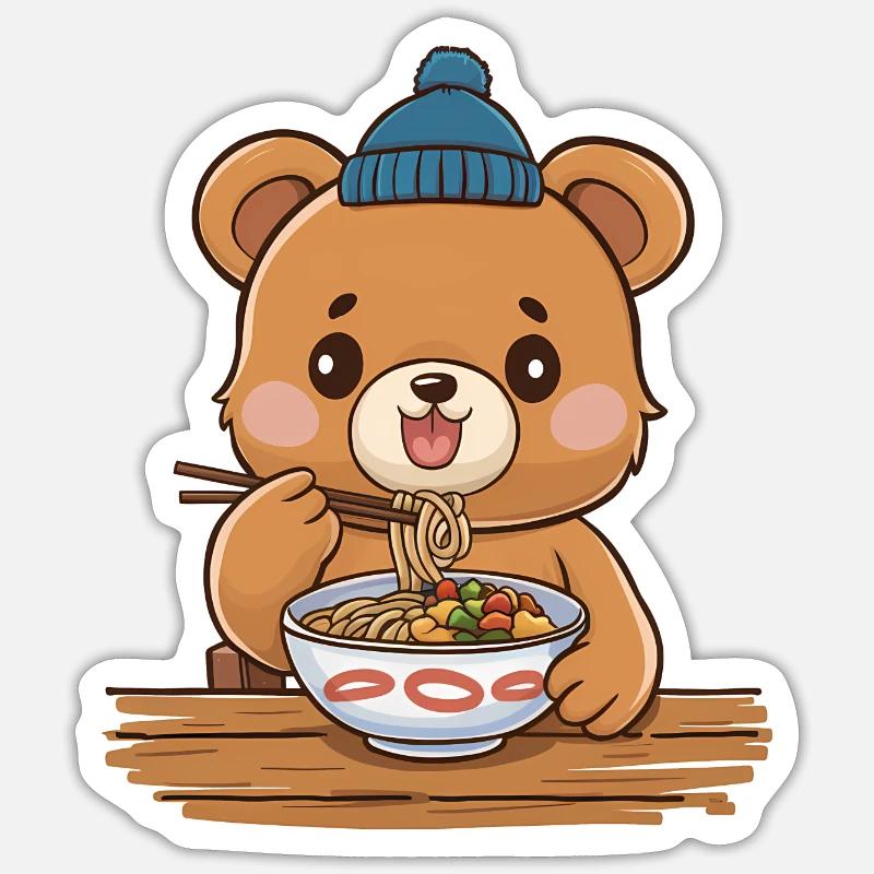 Ours Kawaii mangeant des ramen - Sticker taille S (10 x 10 cm) - blanc mat