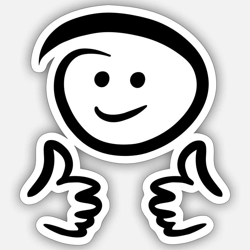 Face smiles, shows two thumbs up. Emoticon. - Sticker size S (10 x 10 cm) - white matte