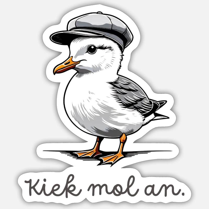 "Kiek mol an" Möwe mit plattdeutschem Spruch Sticker Größe S (10 x 10 cm)