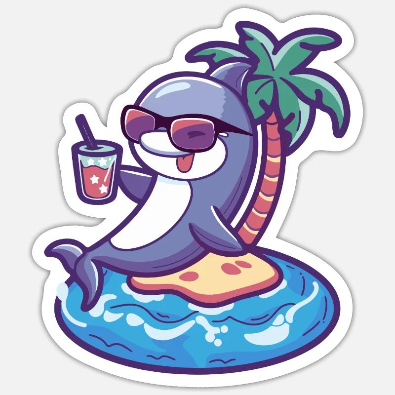 Dolphin Summer Beach Comic - Sticker size S (10 x 10 cm) - white matte
