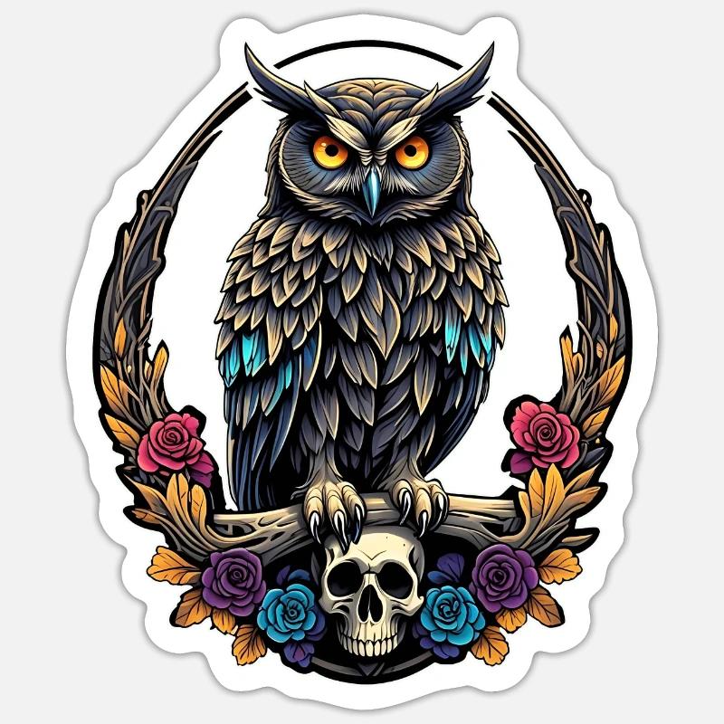 Dekorative Eule mit Skull und Rosenblüten - Sticker Größe S (10 x 10 cm) - Mattweiß