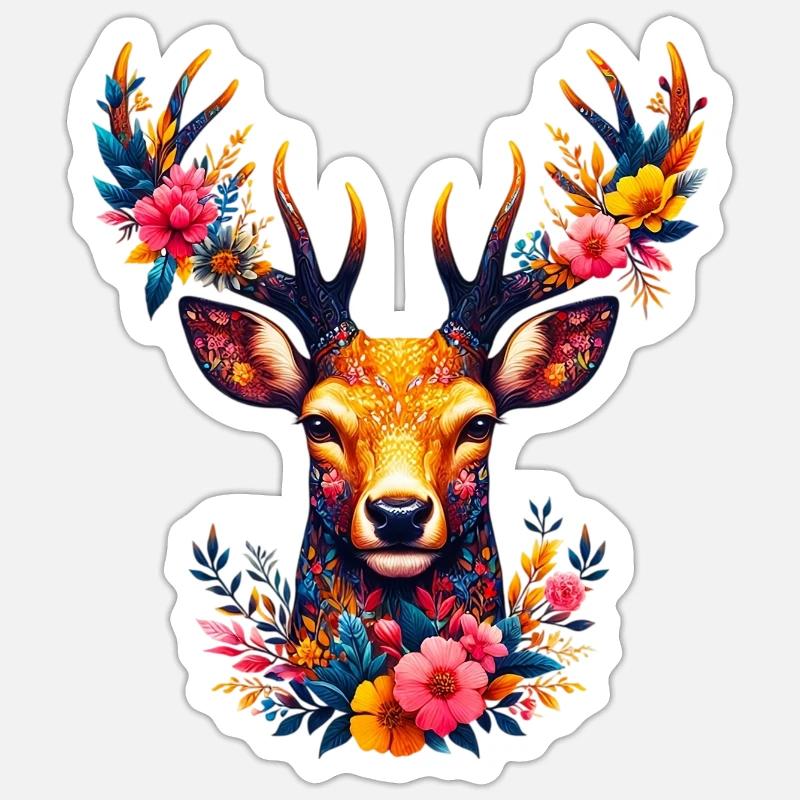 Cerf décoré de fleurs Sticker taille S (10 x 10 cm)