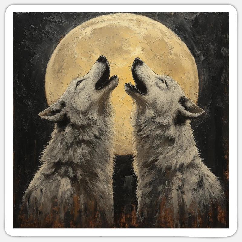 Loups devant la lune Sticker taille S (10 x 10 cm)