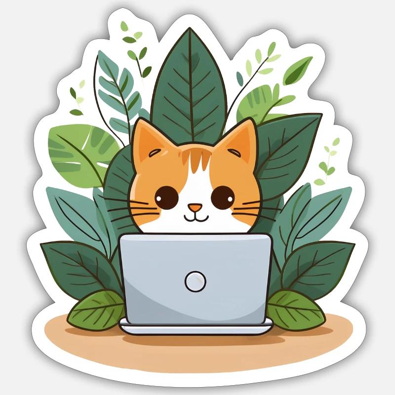 Chat mignon avec ordinateur portable Sticker taille S (10 x 10 cm)