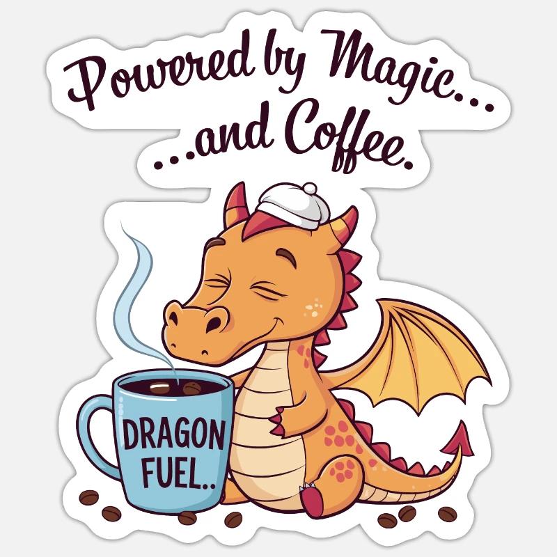 Kaffeetrinkender Drache - Sticker Größe S (10 x 10 cm) - Mattweiß