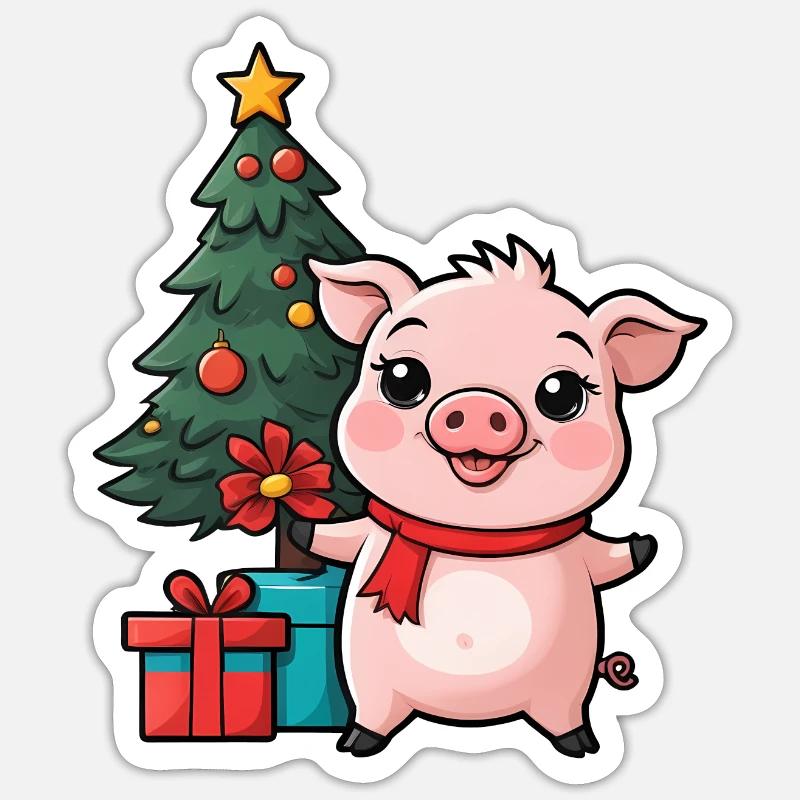 Cochon mignon célébrant Noël. - Sticker taille S (10 x 10 cm) - blanc mat