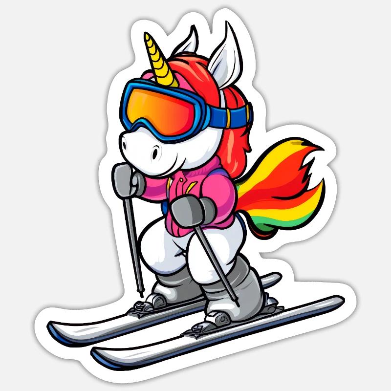 Ski Einhorn - Sticker Größe S (10 x 10 cm) - Mattweiß