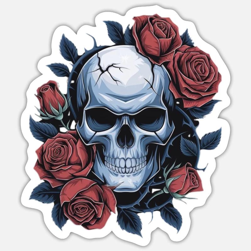 Crâne avec des fleurs de roses - Sticker taille S (10 x 10 cm) - blanc mat