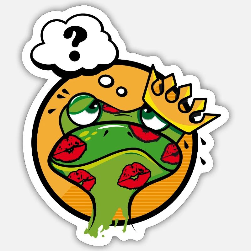 Grenouille embrassée avec couronne et point d’interrogation Sticker taille S (10 x 10 cm)