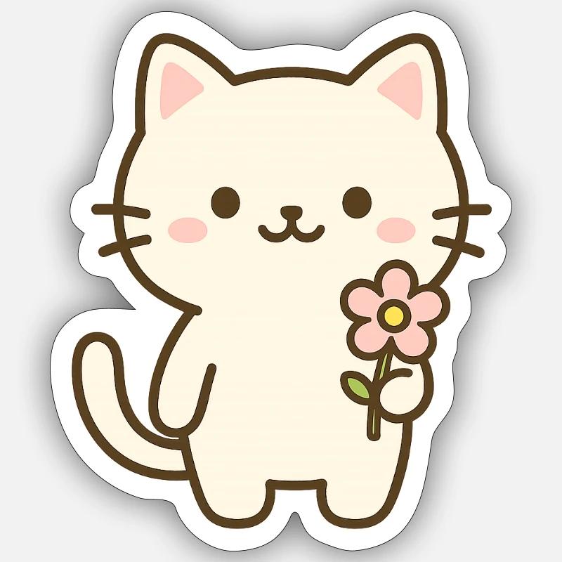 Chat mignon avec fleur - Sticker taille S (10 x 10 cm) - blanc mat
