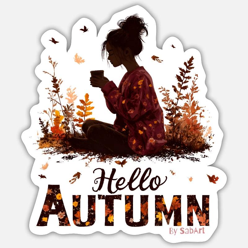 Hello Autumn – Kuscheliges Mädchen mit Heißgetränk Sticker Größe S (10 x 10 cm)