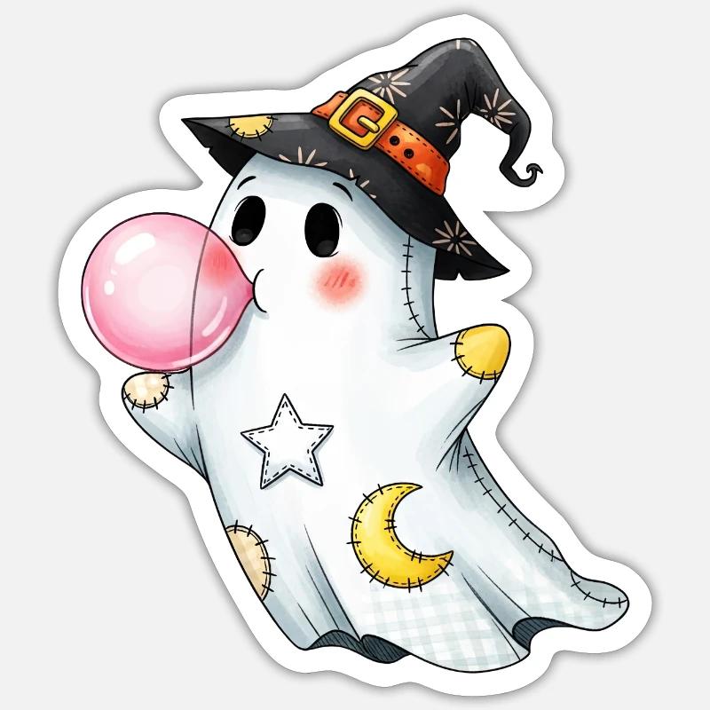 Fantôme de dessin animé patchwork avec bulle de chewing-gum Sticker taille S (10 x 10 cm)