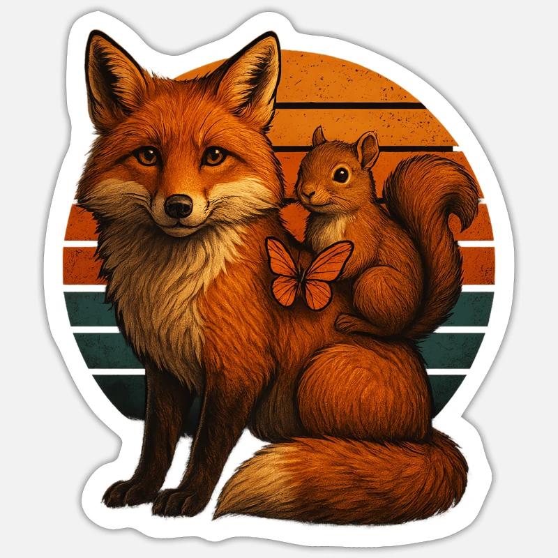 Fuchs Eichhörnchen Retro Tierfreunde Sticker Größe S (10 x 10 cm)